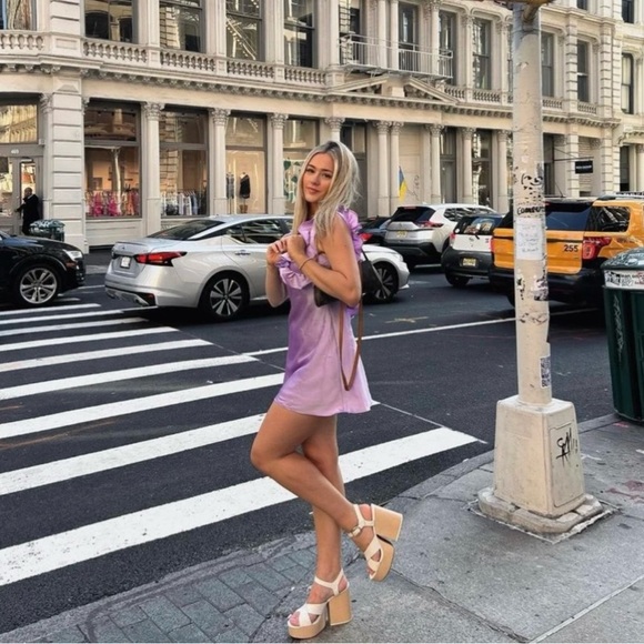 House of CB TINK ORCHID SATIN RUFFLE MINI DRESS. Size M - Picture 2 of 7